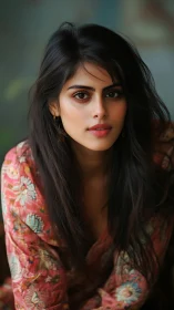 Soft-focus portrait of woman in floral coral blouse, bokeh