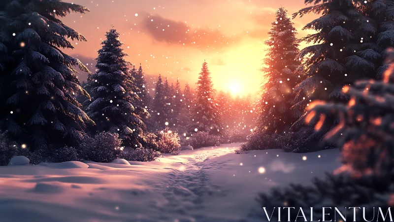 Winter forest path glows beneath a radiant, fiery sunset.