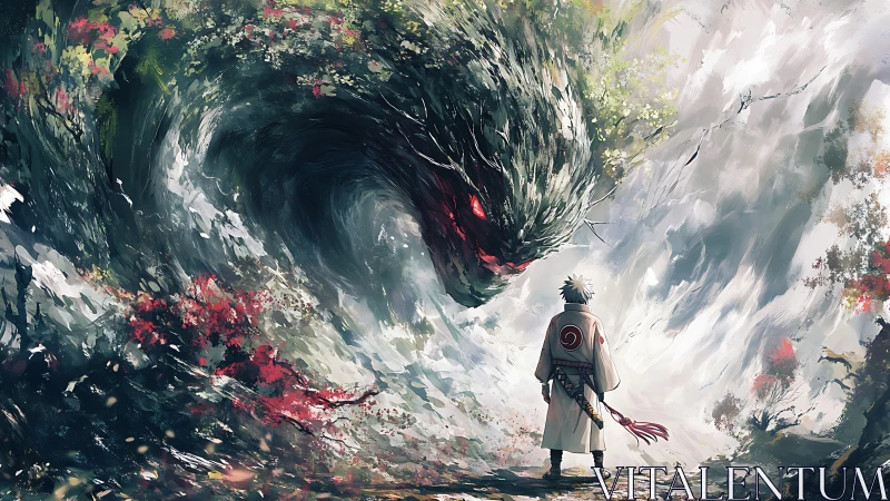 Lone warrior confronting colossal forest spirit vortex.