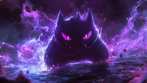 Playful ghostly creature glowing in vivid purple light.