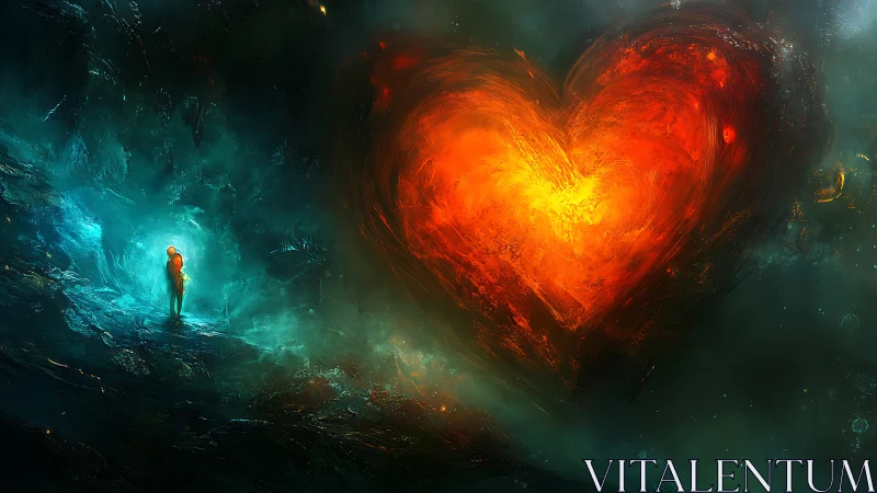 Solitary Figure Confronting Radiating Fiery Heart Geometry.
