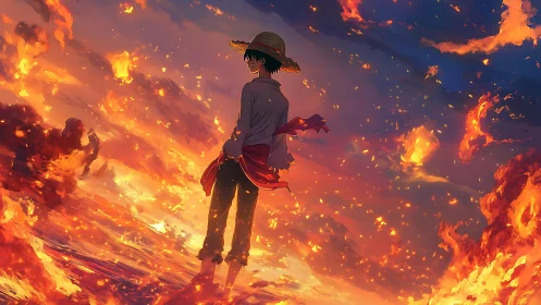 Straw-hatted wanderer walking through a burning sunset sea.