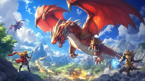 Red dragon attacks armored warriors in bright mountain valley