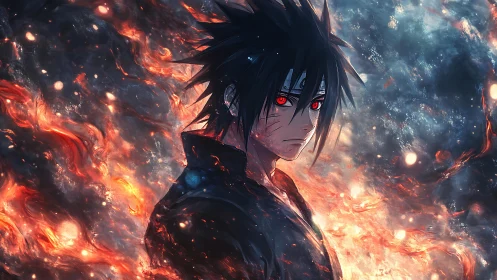 Anime warrior with glowing red eyes framed by swirling fire