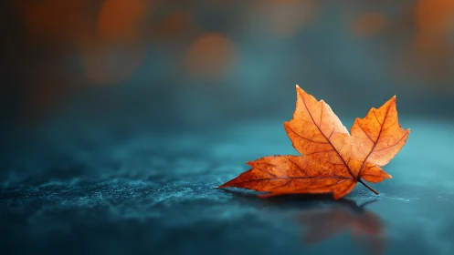 Autumn maple leaf glows against cool teal bokeh ground.