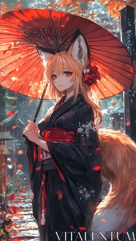 Fox-eared shrine maiden under vermilion parasol in autumn.
