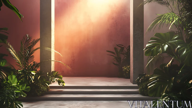 Sunlit doorway embraced by lush tropical greenery.