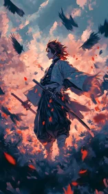 Lone anime swordsman stands amid burning sky and crows