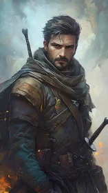 Battle-worn ranger with dual swords in smoky ember haze