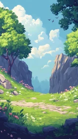 Serene Valley of Wildflowers Beneath Towering Cliffs