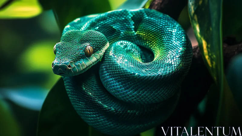 Coiled green tree snake resting on branch in foliage.