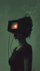 Glimmering neon visor wraps a quiet dreamer in eerie light