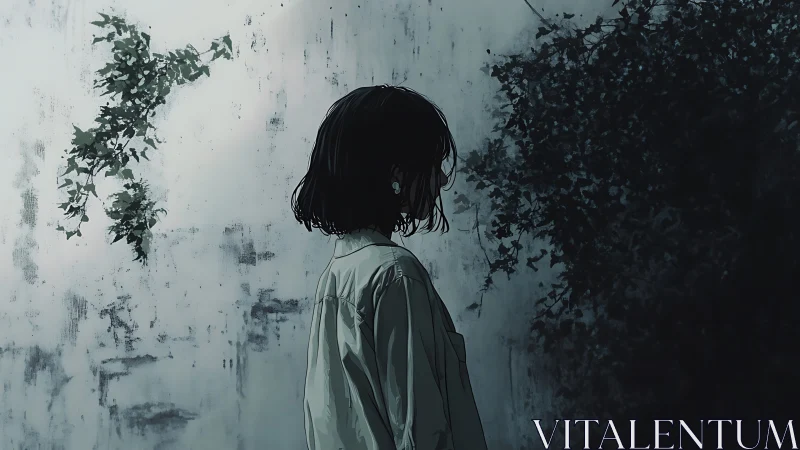 Side profile of solitary figure against ivy covered wall.