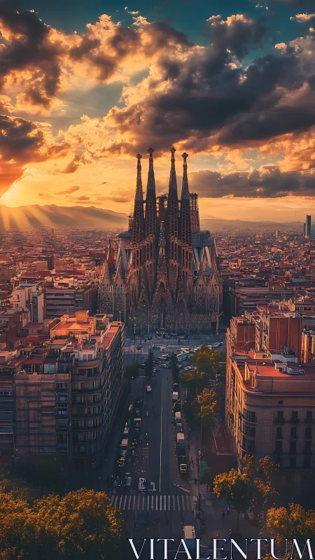 Sunset aerial over neo-Gothic basilica dominating urban grid