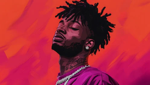 Portrait in neon gradients, rapper in reflective repose.