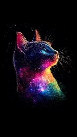 Neon cosmic cat portrait with glowing galaxy colors.