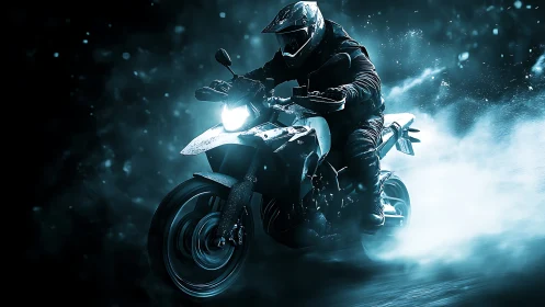 Night street rider cutting through teal smoke storm.