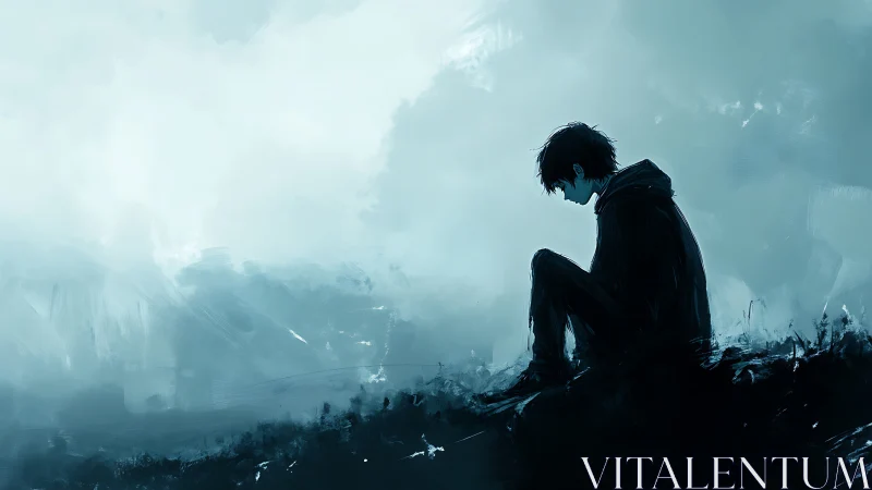 Solitary boy sits in profile on dark ground under pale sky