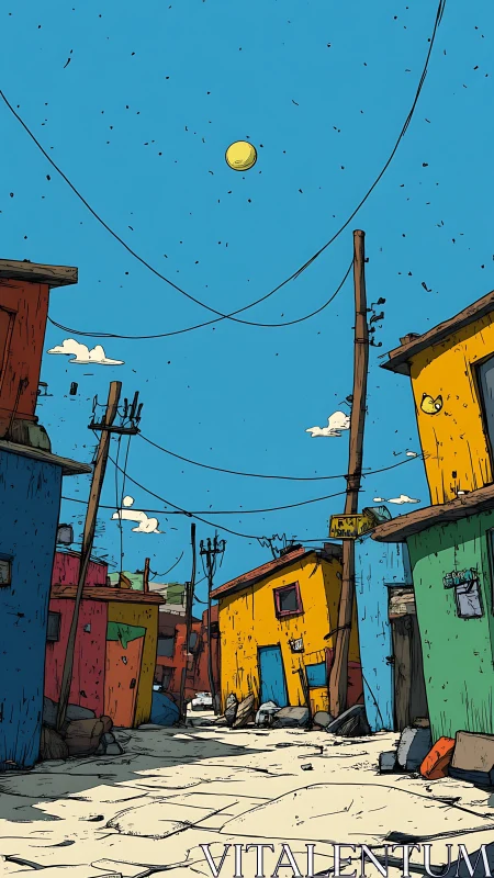 Sunlit shantytown alley with bold primary color facades.