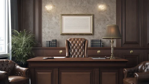 Executive mahogany office interior with tufted leather desk chair
