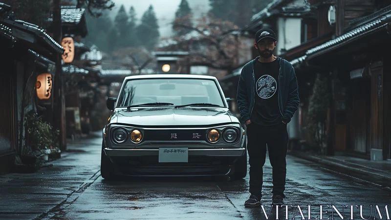 Man with vintage Skyline GT-R on wet street in misty Japan