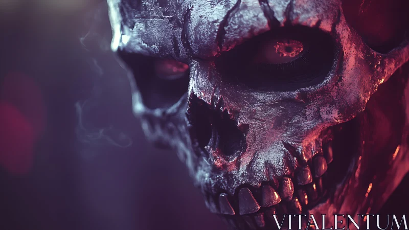 Textured metallic skull in red rim light dominates close portrait