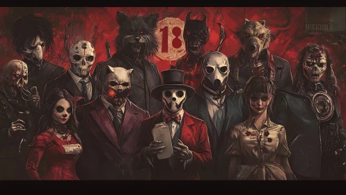 Masked humanoid figures in formal attire against red backdrop.