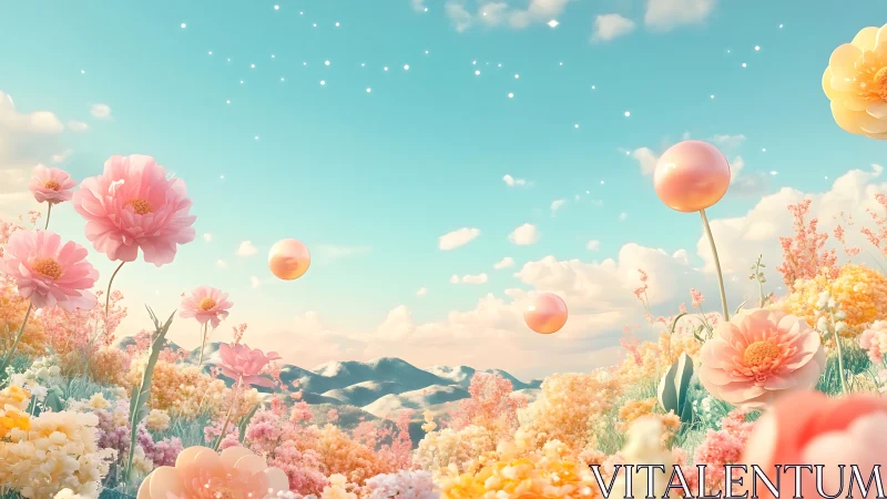 Dreamlike Floral Sphere Garden: Rendered Fantasy Landscape with Floating Orbs.