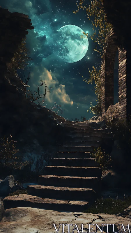 Moonlit stone stairway quietly climbs into the star-flecked sky