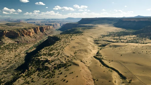 High-angle view shows arid canyon plateau and eroded valley floor