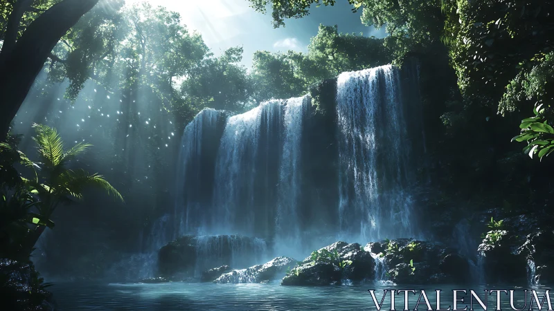 Sunlit tropical waterfall cascades into misty jade pool