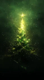 Illuminated conifer silhouette with central star highlight.