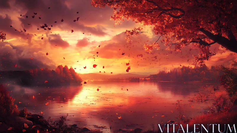 Autumn foliage surrounds reflective lake at vivid sunset