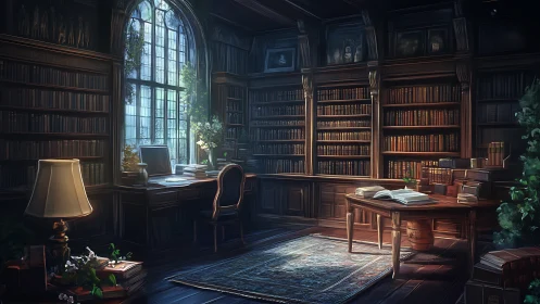 Digitally rendered Victorian library with volumetric window light