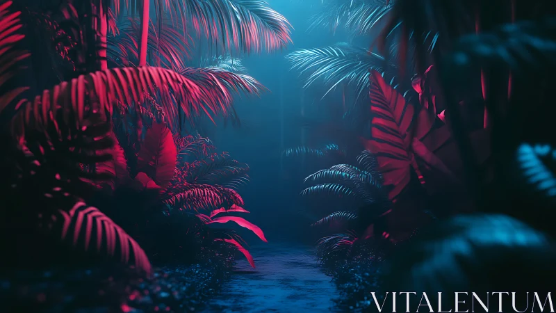 Neon jungle corridor aglow with electric moonlit hush.