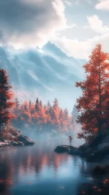 Serene river beneath misty mountains and red autumn trees.