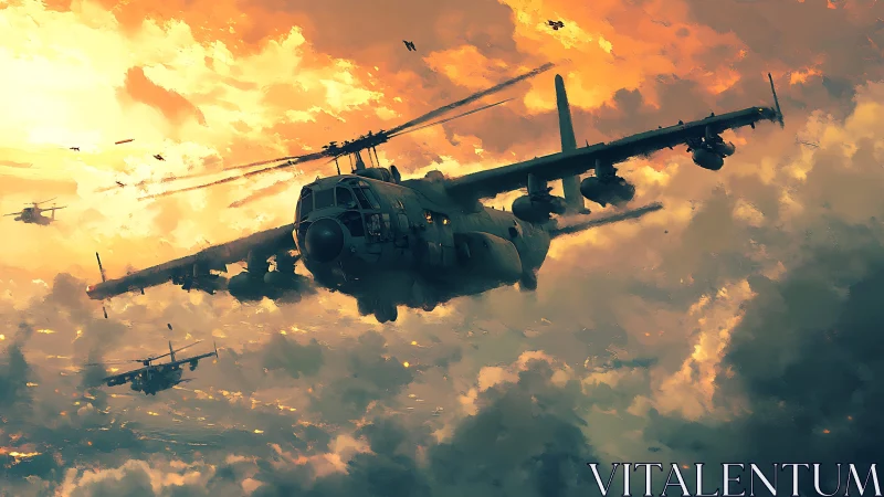 Gunship squadron cuts through burning clouds at sunset