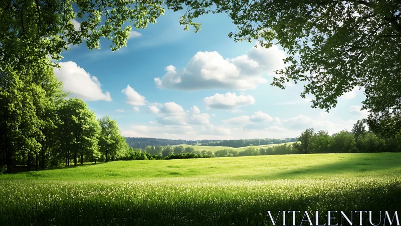 Sunlit green meadow extends beneath scattered summer clouds