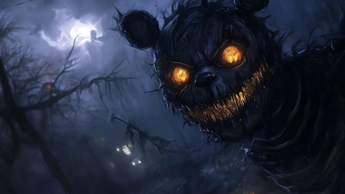 Night scene shows decayed bear figure with glowing eyes