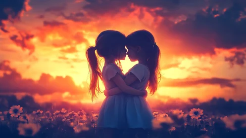 Dual-Figure Silhouette Against Chromatic Gradient Sunset.