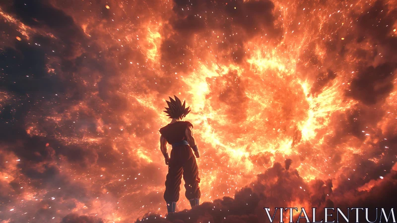 Lone anime warrior gazes into a blazing cosmic inferno.
