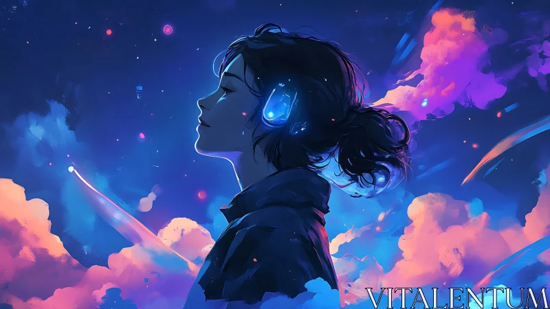 Profile of girl with headphones in stylized night sky scene.