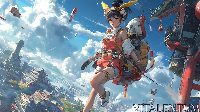 Skyward adventurer glides above bright floating cityscape