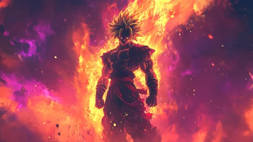 Blazing warrior silhouette crowned in cosmic firestorm glow.