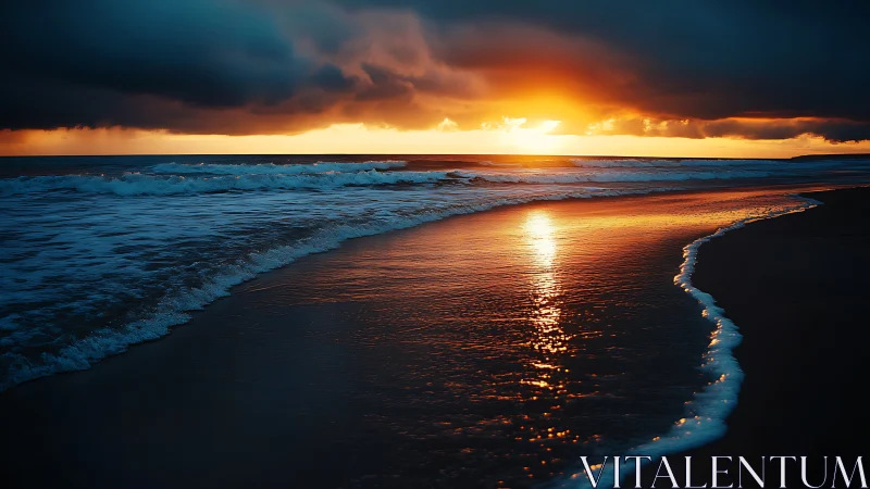 Littoral wavefront under stratified storm clouds at sunset.