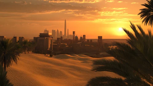 Desert city skyline under orange sunset light.