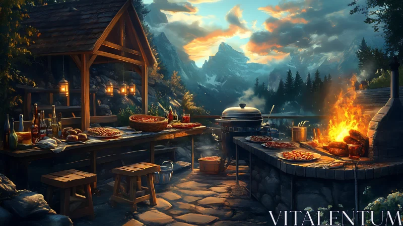 Rustic mountain barbecue terrace in warm cinematic lighting.