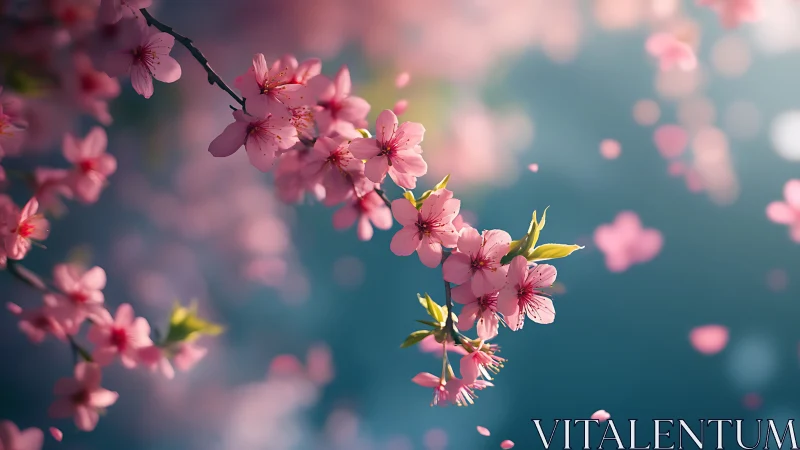 Delicate pink cherry blossoms dance against a serene turquoise backdrop