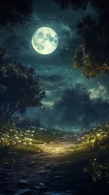 Nocturnal Forest Landscape with Full Moon: High Dynamic Range Rendering