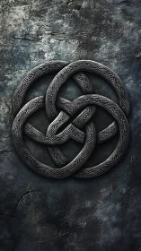 Interlaced metallic knot emblem on textured stone background.